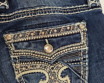 Rock Revival Glade Easy Boot Jeans Women’s 28 Bootcut Distressed Embellished Stretch