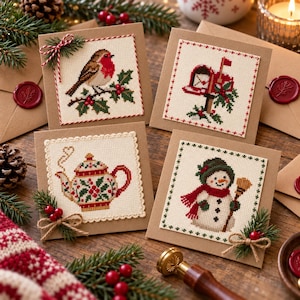 Peut inclure: Quatre cartes de vœux carrées avec des motifs au point de croix : un rouge-gorge sur une branche de houx, une boîte aux lettres rouge, une théière à motifs et un bonhomme de neige avec un balai, ornées de ficelle, de pin et de baies.