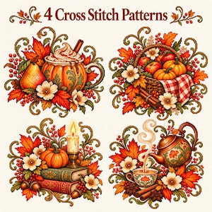 Peut inclure: Quatre modèles de point de croix sur le thème de l'automne, incluant une tasse citrouille, un panier de pommes et citrouilles, une bougie avec des livres et une théière, entourés de feuilles, baies et fleurs sur fond clair.