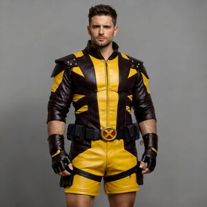 May include: A brown and yellow leather costume with a black belt and gloves. The costume features a yellow and brown jacket with a zipper, matching shorts, and a belt buckle with a red and yellow emblem. The gloves are black.