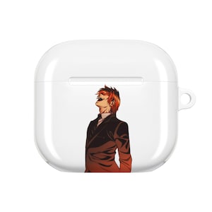 May include: White AirPod case with a graphic of an anime character with red hair and a black suit. The character is looking upwards with an open mouth. The case has a small loop.