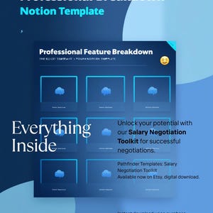 Puede incluir: Anuncio digital para una plantilla de Notion, con un diseño azul y blanco. El texto dice "Professional Breakdown Notion Template" y promociona un "Salary Negotiation Toolkit" para negociaciones exitosas, disponible para descarga digital.