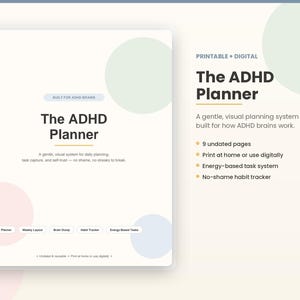 Könnte beinhalten: Ein druckbarer und digitaler ADHS-Planer mit cremefarbenem Hintergrund, Pastellkreisen und schwarzem Text. Das Cover zeigt The ADHD Planner, A gentle, visual system for daily planning, task capture, and self-trust. Enthält 9 undatierte Seiten.