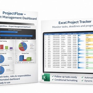 May include: Two white boxes with computer screens displaying project management dashboards. One shows "ProjectFlow" with task tracking and progress charts. The other displays an "Excel Project Tracker" with task details. Text includes "Track tasks, risks & responsibilities."