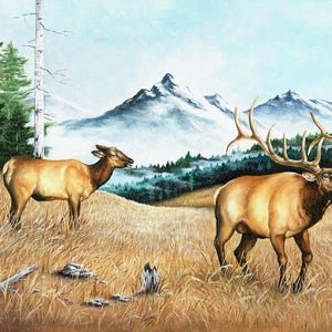 May include: A painting of a majestic elk with large antlers in a grassy field, with another elk nearby. The background features a mountain range and a forest. The artwork is rendered in warm, earthy tones.