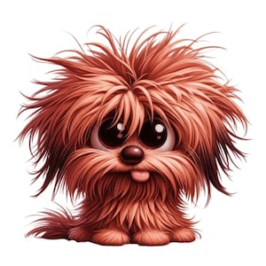 Può includere: Illustrazione di un cartone animato di un cagnolino piccolo e soffice con grandi occhi espressivi. Il cane ha una pelliccia marrone-rossastra, un naso marrone scuro e una piccola lingua rosa che sporge. L'immagine è un'illustrazione digitale con sfondo bianco.