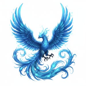 May include: A digitally rendered image of a blue phoenix with outstretched wings. The bird's feathers are detailed with varying shades of blue and accented with sparkling highlights. The phoenix is depicted against a white background, emphasizing its vibrant colors and intricate design.