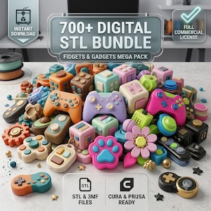 May include: A collection of colorful 3D printed fidget toys and game controllers. The text reads 700+ DIGITAL STL BUNDLE, FIDGETS & GADGETS MEGA PACK, INSTANT DOWNLOAD, FULL COMMERCIAL LICENSE, STL & 3MF FILES, and CURA & PRUSA READY.