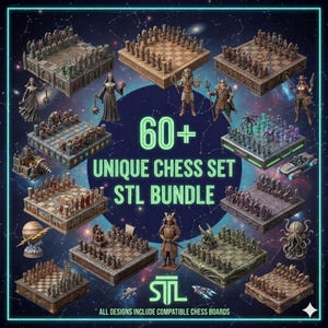 Op de afbeelding: Een promotieafbeelding met een verzameling van meer dan 60 unieke schaakset STL-bundels. De sets hebben verschillende thema's, waaronder fantasy- en historische ontwerpen. De afbeelding bevat de tekst "60+ UNIQUE CHESS SET STL BUNDLE".