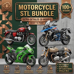 Puede incluir: Un paquete digital de más de 100 archivos STL de motocicletas para impresión 3D. El gráfico muestra cuatro modelos de motocicletas distintos: una clásica roja, una de aventura azul y plateada, una deportiva verde y una café racer beige, con el texto MOTORCYCLE STL BUNDLE.