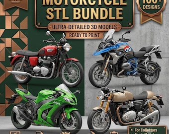 May include: A digital bundle of 100+ motorcycle STL files for 3D printing. The graphic features four distinct motorcycle models: a red classic bike, a blue and silver adventure bike, a green sport bike, and a tan cafe racer, with text reading MOTORCYCLE STL BUNDLE.