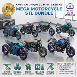 Può includere: Un pacchetto digitale di oltre 100 design per stampa 3D con vari modelli di motociclette in tonalità verde acqua e viola. L'immagine include il testo Mega Motorcycle STL Bundle, Full Commercial Use Included e Instant Digital Download.