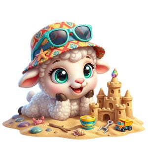 May include: A cartoon lamb wearing a colorful hat and sunglasses, lying on a sandy beach. A sandcastle, toy truck, bucket, and shovel are nearby. A crab, seashell, and colorful stones are also on the sand. The lamb has big green eyes and a happy expression.
