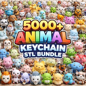 May include: A collection of colorful animal keychains in various designs, including bears, pandas, and bunnies. The image features the text "5000+ ANIMAL KEYCHAIN STL BUNDLE" in a vibrant, multi-colored font, suggesting a large selection of animal-themed keychains.