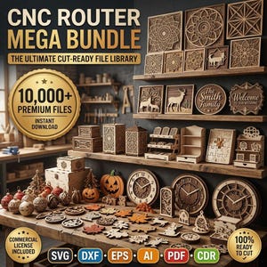 May include: A digital collection of CNC router files featuring laser-cut wooden designs including clocks, boxes, seasonal ornaments, and wall art. The image displays various finished wooden projects on shelves and a table with text overlays.