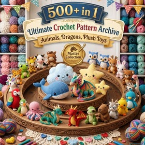 Può includere: Una collezione di giocattoli all'uncinetto, tra cui animali e draghi, esposta su un supporto in legno a più livelli. L'immagine presenta il testo "500+ in 1 Ultimate Crochet Pattern Archive" e "Master Collection". Sono visibili gomitoli di lana e uncinetti.