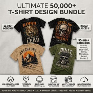 May include: A digital bundle of 50,000+ t-shirt designs featuring four sample shirts: a black shirt with a lion, a black shirt with a skull and headphones, a tan shirt with a mountain landscape, and an olive green shirt with a skull and wrenches.