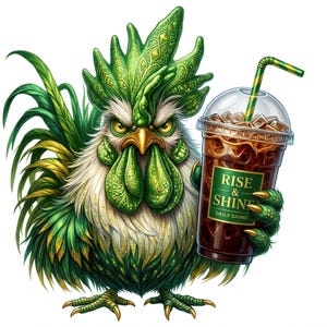 Può includere: Illustrazione dettagliata di un gallo verde e bianco che tiene in mano una bevanda al caffè con ghiaccio. La bevanda ha una cannuccia a righe verdi e bianche e il testo "RISE & SHINE DAILY GRIND" sull'etichetta. Il gallo ha un'espressione intensa.