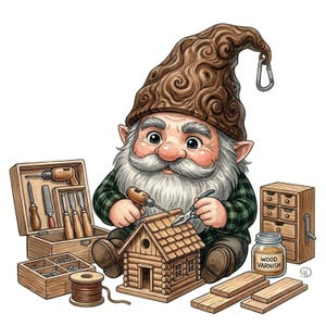 May include: A gnome with a brown swirl-patterned hat wearing a green plaid shirt, using a drill and pliers to build a small wooden house. The scene includes a wooden toolbox with various tools, a jar labeled Wood Varnish, and wood planks.