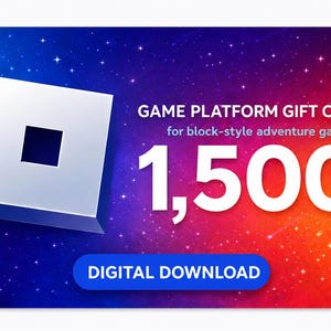 Könnte beinhalten: Eine rechteckige Geschenkkarte mit einem blau-roten Farbverlauf und Sternenhimmel-Effekt. Sie zeigt ein weißes quadratisches Logo mit einem Loch in der Mitte, den Text GAME PLATFORM GIFT CARD for block-style adventure game, 1.500 und DIGITAL DOWNLOAD.