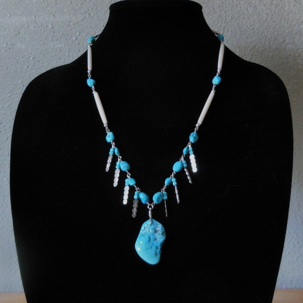 Sleeping Beauty Turquoise Necklace with Free Form Cabochon and Sterling Silver Feathers and Matching Earrings Set
