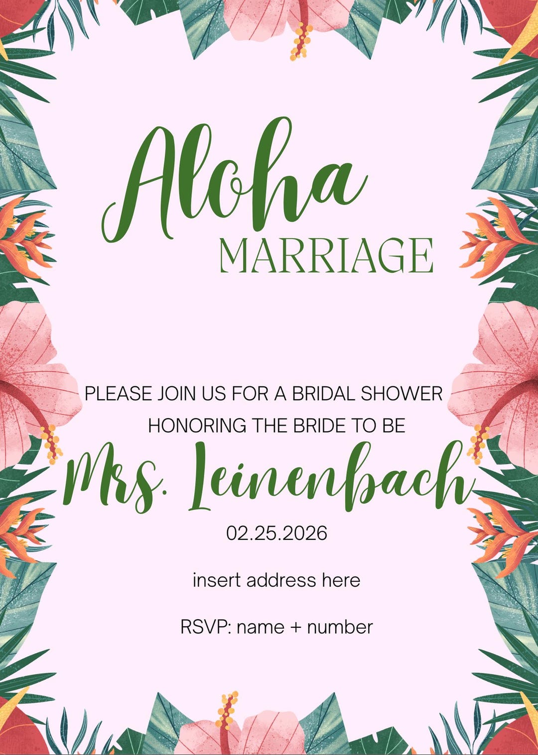 Aloha Marriage Shower Invitation 5x7 – Editable Canva Template, Digital ...