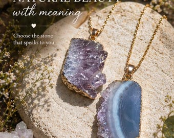 Raw Amethyst or Blue Agate Necklace, Gold Dipped Crystal Pendant, Druzy Stone Jewelry