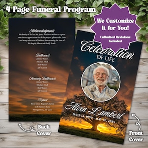 Op de afbeelding: Een 4-pagina's tellend begrafenisprogramma met een zonsondergangachtergrond. De voorkant toont een foto van een man, de tekst "Celebration of Life" en de naam "Alvin Lambert". De achterkant bevat dankbetuigingen en informatie over de dragers.
