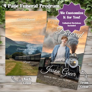May include: A 4-page funeral program with a train and landscape theme. The front cover features a photo of a young man, a train, and the name "Jason Greer." The back cover includes acknowledgments and a list of pallbearers.