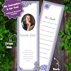 May include: A memorial bookmark with a photo of a woman, the name "Samantha Waters", and dates. The front side includes a poem and the text "We Customize It for You! Unlimited Revisions Included."