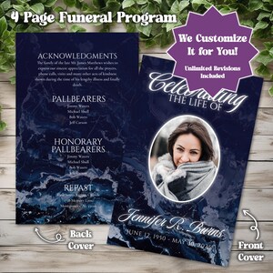 May include: A 4-page funeral program with a navy blue and white marble design. The front cover features a photo of a woman and the text "Celebrating the Life of Jennifer R. Burns." The back cover lists acknowledgements and pallbearers.