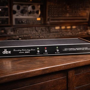 May include: A black dbx Model 224 audio device with a wooden frame sits on a wooden surface. The device has several buttons and indicator lights. The text "Recording Technology Series" and "Simultaneous Encoder/Decoder" are visible.