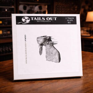 May include: A white square box for a Tails Out Recordings master tape featuring the text 2 TRACK 15 IPS IEC. The cover displays a black and white sketch of a human head and torso with a motion blur effect, labeled COLDPLAY A RUSH OF BLOOD TO THE HEAD.