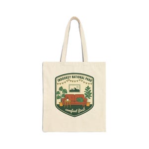 Indoorsy National Park Badge Tote | vintage patch homebody, gorpcore parody