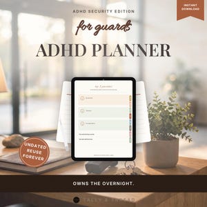 Pode incluir: Um planejador digital de TDAH para guardas exibido em uma tela de tablet, apresentando uma lista das 3 principais prioridades com seções numeradas em cores pastel suaves. A interface inclui etiquetas de texto para tarefas diárias e layout.