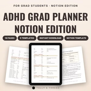 ADHD Grad Planner Notion Template, PhD Dissertation Tracker with Milestone Countdown, Thesis Chapter Progress and Reading Log
