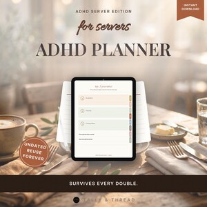 Puede incluir: Un planificador digital ADHD para camareros mostrado en una pantalla de tableta, con una lista de las 3 principales prioridades en secciones numeradas. La interfaz incluye pestañas de colores, páginas sin fecha y el texto ADHD SERVER EDITION, ADHD PLANNER y SURVIVES EVERY DOUBLE.