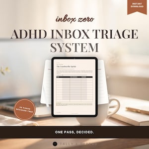 Puede incluir: Un documento digital de sistema de triaje de bandeja de entrada TDAH en una pantalla de tableta, con una tabla titulada The Unsubscribe Sprint. El texto incluye inbox zero, ADHD INBOX TRIAGE SYSTEM, 30 PAGES DECISION TREE y ONE PASS, DECIDED.