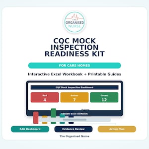Può includere: Kit di preparazione alle ispezioni simulate CQC per case di cura con cartella di lavoro Excel interattiva e guide stampabili. Il grafico mostra una dashboard con indicatori di stato rosso, ambra e verde, grafici a barre e pulsanti per RAG Dashboard, Evidence Review e Action Plan.