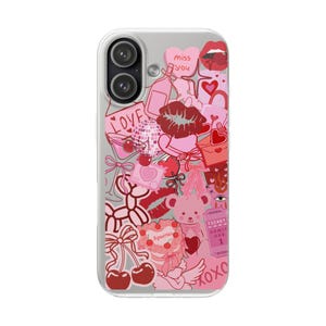 May include: Clear phone case with a collage of pink and red graphics. Designs include lips, hearts, a disco ball, a teddy bear, cherries, and the words "LOVE", "miss you", "Aquarius", and "XOXO".