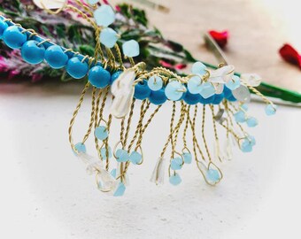 Diadema nupcial azul claro, tocado nupcial azul cielo, accesorio para el cabello de novia, diadema dorada, diadema nupcial para mehndi, joyería para el cabello