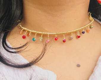 Conjunto de collar de turmalina chapado en oro, joyería de piedras preciosas hecha a mano, conjunto de pendientes llamativos estilo boho para mujer, regalo de boda, joyería para fiestas