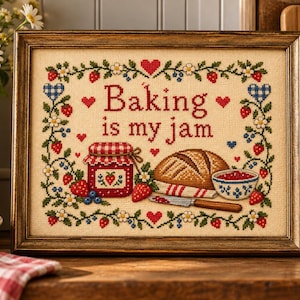 Peut inclure: Une broderie au point de croix encadrée avec le texte Baking is my jam en lettres rouges. Le motif comprend un pot de confiture à carreaux rouges et blancs, un pain, un petit bol, un couteau et une bordure de fraises, fleurs et cœurs.