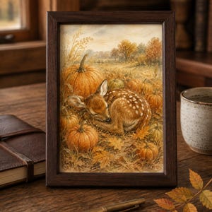 Sleeping Baby Deer Watercolor Print, Autumn Pumpkin Patch Wall Art, Digital Download