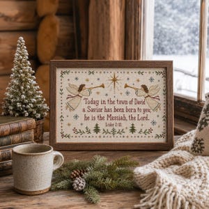 Vintage Cross Stitch Sampler Print, Luke 2:11 Christmas Bible Verse (Digital Download)