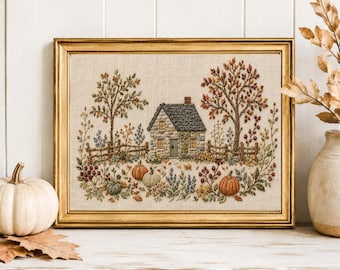 Puede incluir: Una pieza de arte bordada y enmarcada que muestra una cabaña de piedra con techo oscuro, rodeada de árboles otoñales, flores silvestres y calabazas. La escena está cosida sobre tela beige claro y dentro de un marco rectangular dorado.