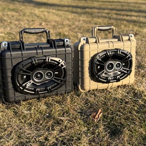 Może przedstawiać: Dwa przenośne głośniki w kolorze czarnym i beżowym, każdy w wytrzymałej, prostokątnej obudowie z uchwytem. Głośniki mają owalną kratkę głośnikową z centralnym głośnikiem wysokotonowym i dwoma głośnikami niskotonowymi. Głośniki leżą na trawie.