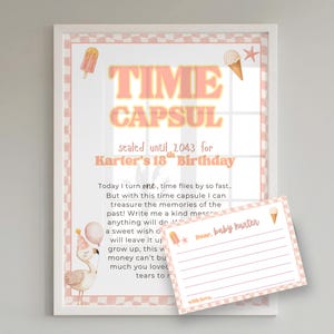 Puede incluir: Impresión enmarcada con las palabras "TIME CAPSUL" en naranja, sellada hasta 2043 para el 18 cumpleaños de Karter. Incluye una tarjeta a juego con líneas para escribir. El diseño presenta ilustraciones de helados y flamencos.