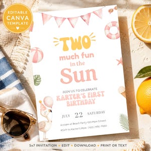 Two in the Sun Second Birthday Party Invite, Kids Pool Party Invitation, Summer Baby Bday, Editable Template, 2 Much Fun Toddler Printable