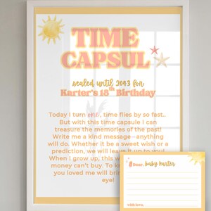 May include: A framed print with the words "TIME CAPSUL" in orange and pink, sealed until 2043 for Karter's 18th Birthday. Includes a smaller card with the text "Dear, baby Karter". The design features sun and starfish illustrations.